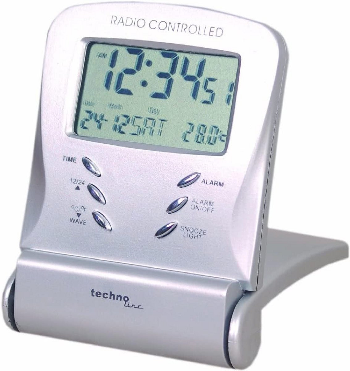 Compacte reiswekker met radioklok en binnentemperatuurweergave