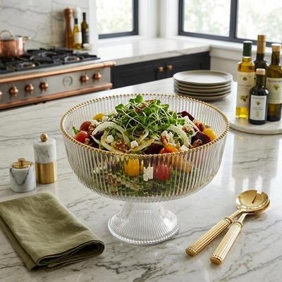 Vivience "Footed Glass Salad Bowl Straight Cut, Ribbed with Gold Rim - 8.75"""