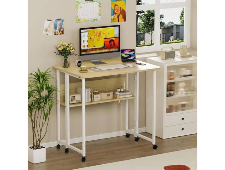 MIPAN Bureau D'ordinateur Roulant Et Pliable Plateau Effet Érable Blanc Table De Travail Multifonction 80 × 58 × 75 CM