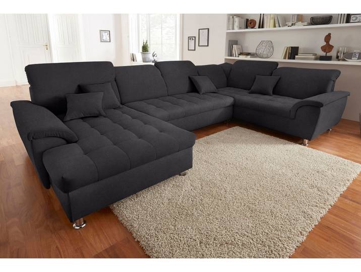 Wohnlandschaft, Grau, 352x214 cm, Flachgewebe, U-Form & Kopfteilverstellung, Modern, Domo-Collection