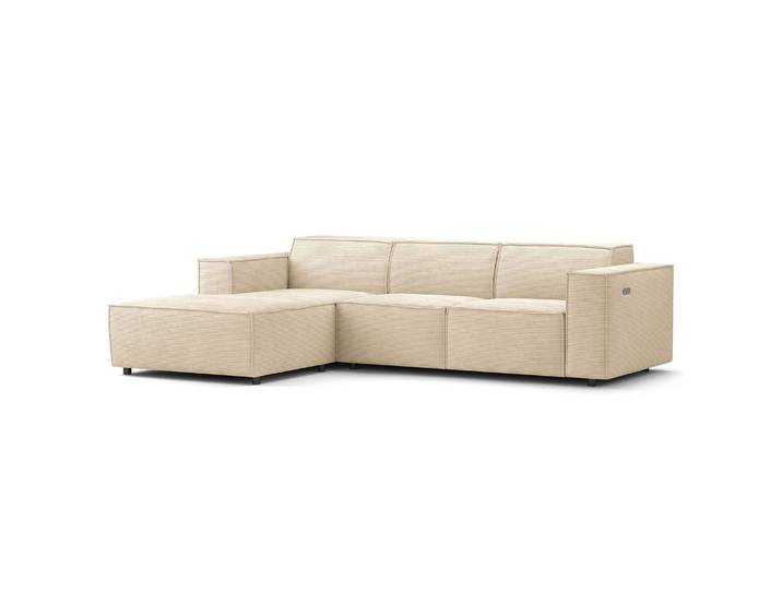 Ecksofa mit Longchair Beige/Beige Cordstoff Scilla 260cm Longchair davorstehend links Sitztiefenverstellung Modern