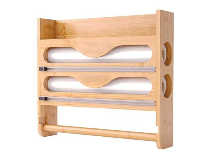 Support Mural 3 en 1 Relaxdays pour essuie-Tout\, Film Alimentaire\, Papier Aluminium\, Bambou\, H x L x P : 27 x 35 x 7 cm.