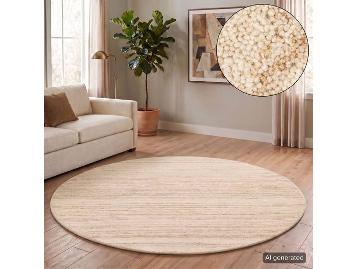 Wollteppich THEKO Janne, Berber Teppich, Wolle, meliert, handgearbeitet , beige (natur beige), H:20mm Ø:190cm, Wolle, Teppiche, Wollteppich, handgetuftet, Wohnzimmer, Schlafzimmer, Esszimmer