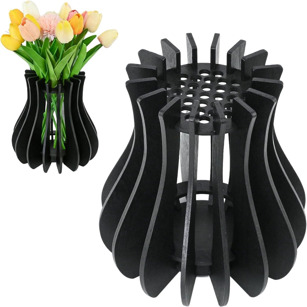 SnelShoppen Houten Puzzel Bloemenvaas Zwart - 3D Vaasje voor Droogbloemen - 20 x 12 cm