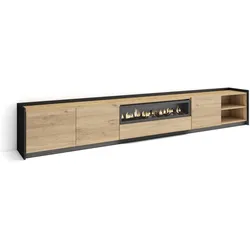 LOWBOARD, Eiche und Schwarz, 310/37/50cm, Kamin mit Feuereffekt