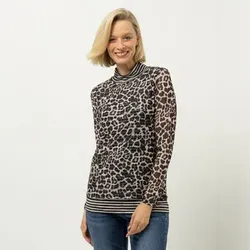 DINE 'N' DANCE Mesh-Shirt, Langarm Stehkragen Allover-Druck figurumspielend