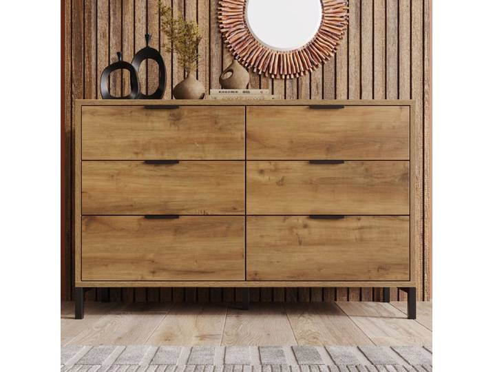 Commode industrielle en chêne foncé avec 6 tiroirs
