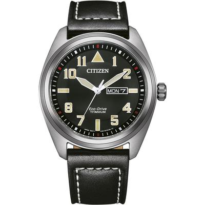 Solaruhr CITIZEN, schwarz (schwarz, schwarz), Armbanduhren, Herren, titansilberfarben, Armbanduhr, Herrenuhr, Titan, Datum, Lederarmband