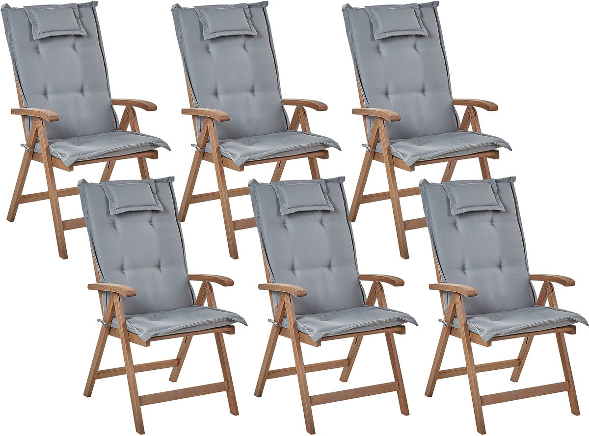 Amantea Set van 6 rustieke tuinstoelen van acaciahout met grijze kussens en armleuningen - Donkerbruin/Grijs