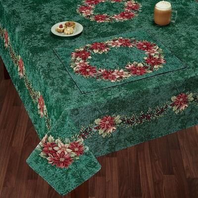 Touch of Class Poinsettia Wreath Oblong Tablecloth Green, 63 x 78, Green