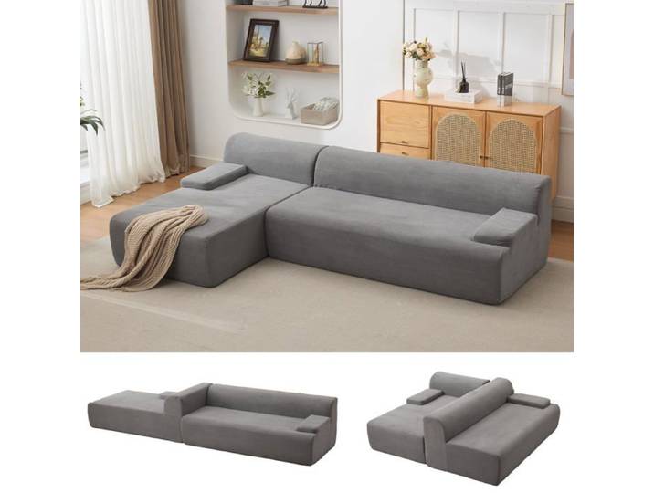 Canapé sectionnel L 108” chaise longue gauche tissu velours côtelé gris