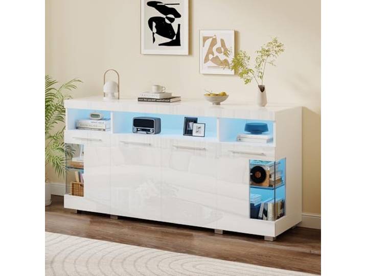 Merax Sideboard mit LED-Beleuchtung, Hochglanz Kommode Anrichte Schrank mit 4 Türen & Offene Staufächer, Mehrzweckschrank mit Glastüren, Aufbewahrungsschrank für Wohnzimmer, Esszimmer, Flur, Weiß
