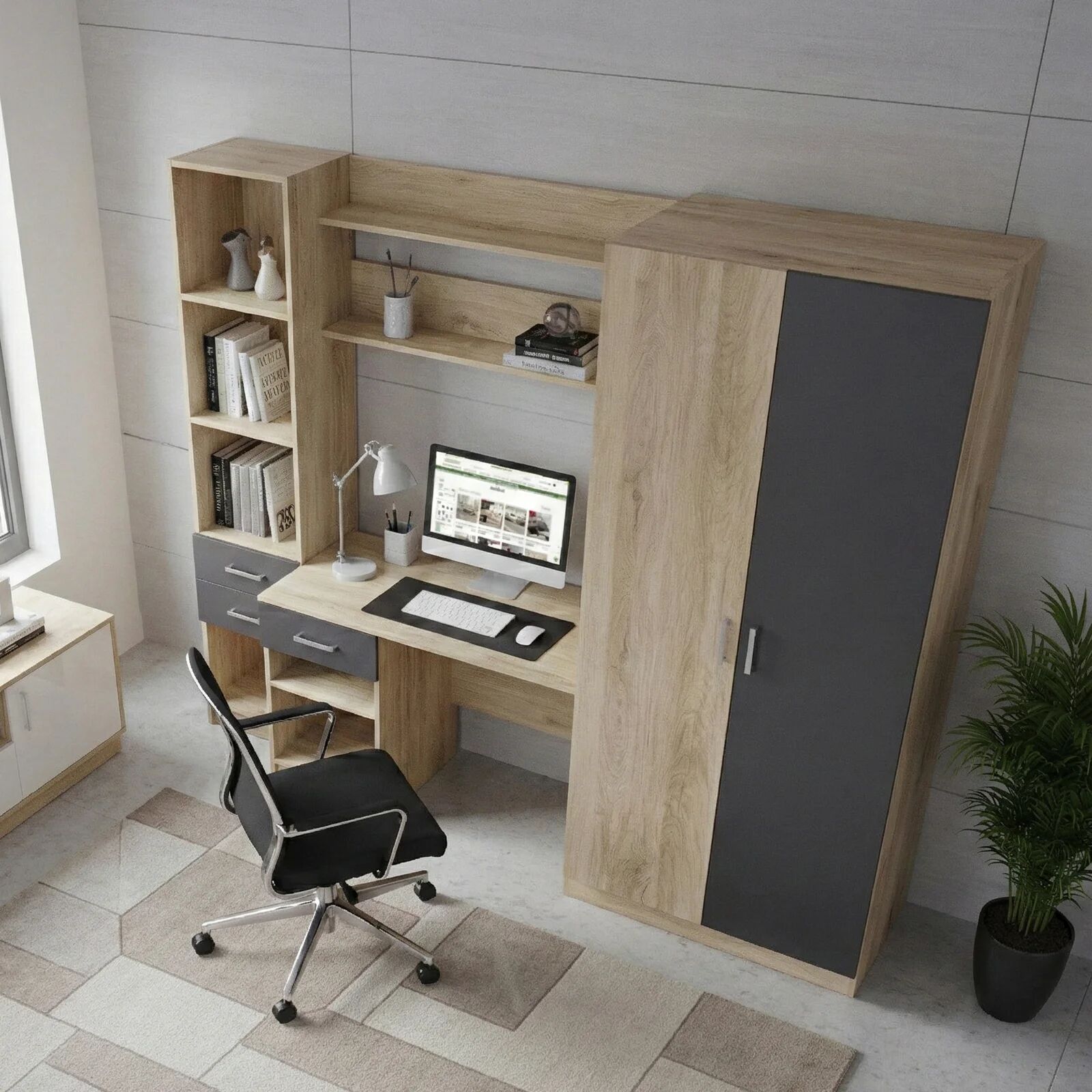 garneroarredamenti Scrivania ufficio 220x180h cm con armadio e libreria rovere grigio antracite Alexia Gihome®