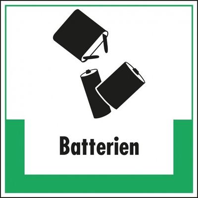 Schild I Abfallkennzeichen Batterien, mit Symbol und Text, Kunststoff, 200x200mm