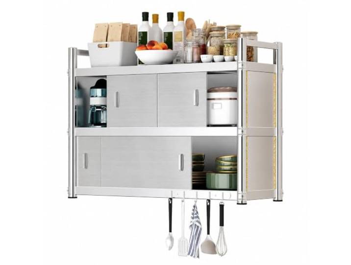 Cxlly Edelstahl-Küchenhängeschrank mit 2 Ebenen und Tür Edelstahl-Küchenhängeschrank mit 2 Ebenen, Schiebetüren & Haken – robuste Ausführung(50x30x90cm/20x12x35 )