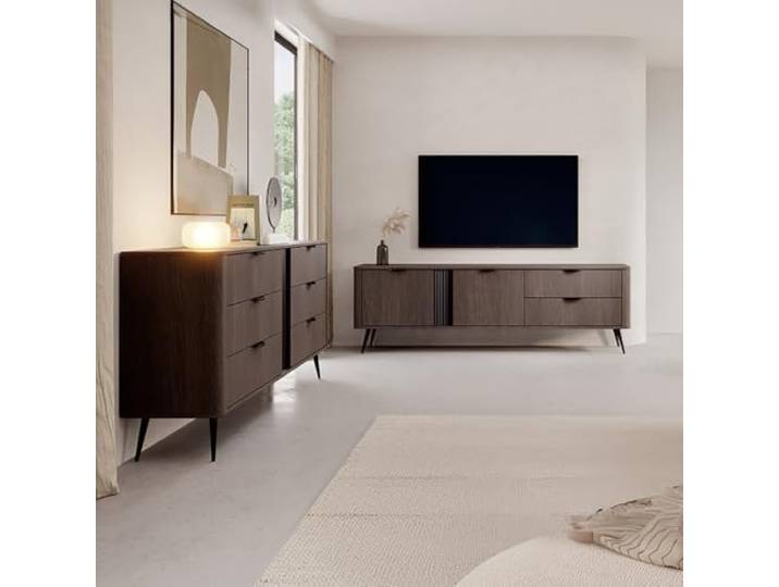 Lomadox Wohnzimmer Set in Eiche mit schwarzem Rillendesign, inkl. Lowboard & Sideboard