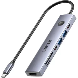 Unitek HUB USB-C 7W1 PD 100W HDMI 2.0 Z PRZYCISKIEM ON/OFF (USB-B, USB-C, 7 Ports), Dockingstation + USB Hub, Grau, Silber