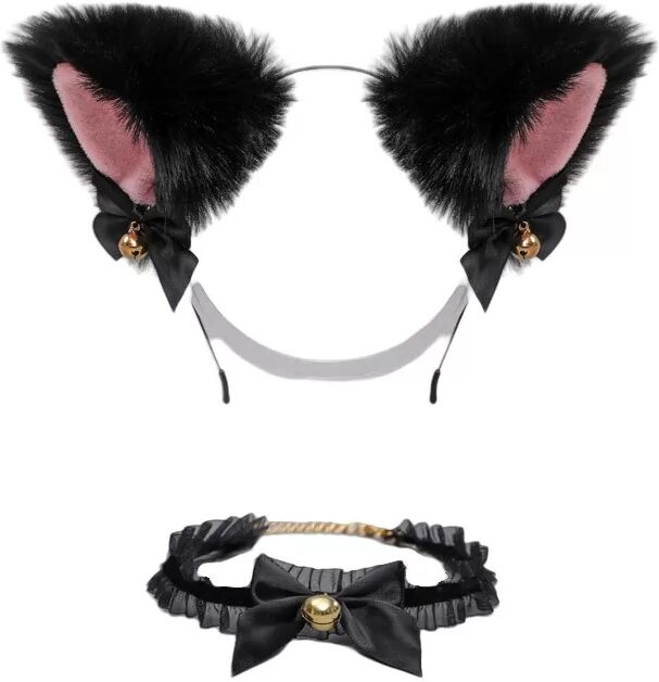 INF Serre-tête Lolita en dentelle avec collier ras du cou à nœud Le noir