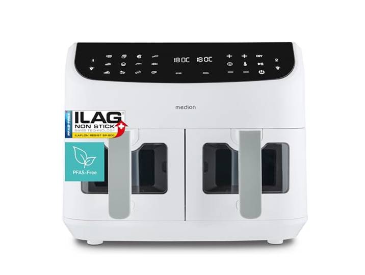MEDION P20 XXL Heißluftfritteuse mit 2 Kammern (8,7 Liter, Airfryer, 2.600 Watt, Doppelkammer, 10 Automatikprogramme, 2 Schubladen, Sichtfenster, Dualer Airfryer, ILAG PFAS-frei, MD11760) matt weiß