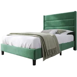 Polsterbett Einzelbett 90x200 mit Lattenrost Samt Kopfteil ergonomisch H3 Matratze Holzrahmen stabil Komfortbett dunkelgrün