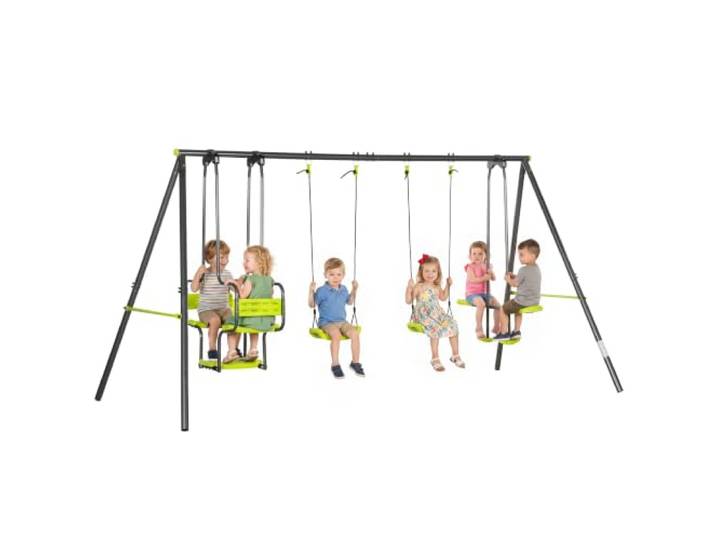 Outsunny Balançoire Portique pour Enfant 4 Agrès avec Balançoire Nacelle Face à Face\, Charge 240 Kg\, Métal Époxy Anticorrosion\, PE\, 3\,55L x 1\,84l x 1\,86H m\, Gris Anthracite Vert Pomme