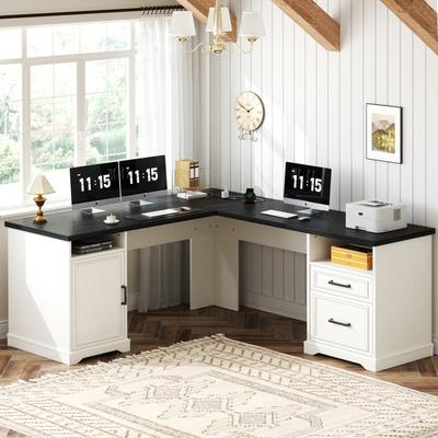 Rackcog Farmhouse L Shaped Desk with Charging Station, Office Computer Table with File Cabinet