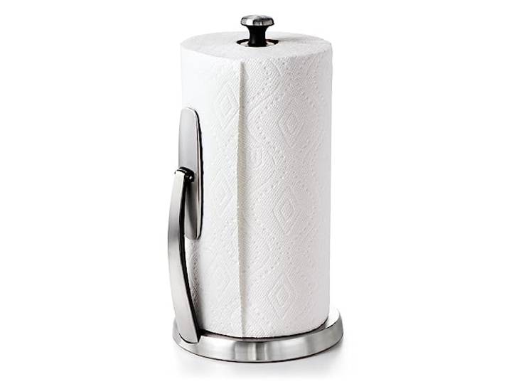 OXO Good Grips SimplyTear Küchenrollenhalter, Edelstahl, 30.9 cm Einhandbedienung, federnder Haltearm, beschwerter rutschfester Sockel, freistehend, für gängige Küchenrollen