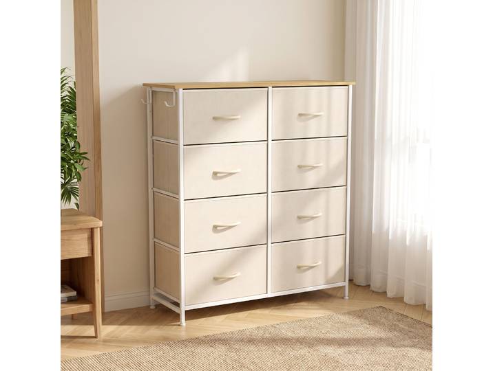 HOMCOM Commode 8 Tiroirs Tissu Beige Structure Acier