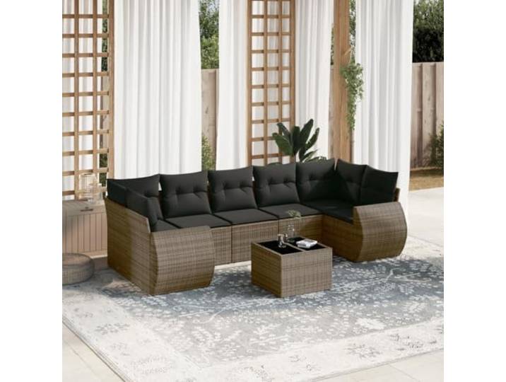 KTHLBRH Gartenmöbel-Set 8-teilig mit grauen Kissen aus Polyrattan Modulare Aufbewahrungsbox, Tischplatte aus gehärtetem Glas, waschbare Bezüge