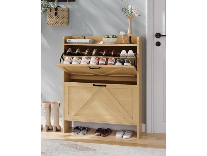 Meuble à Chaussures avec 2 Tiroirs Rabattables Style Rustique Meuble de Rangement Étroit à Chaussures 24 Paires pour Entrée Beige