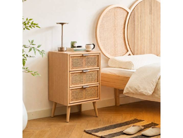 Chiffonnier 3 tiroirs en bois et rotin naturel