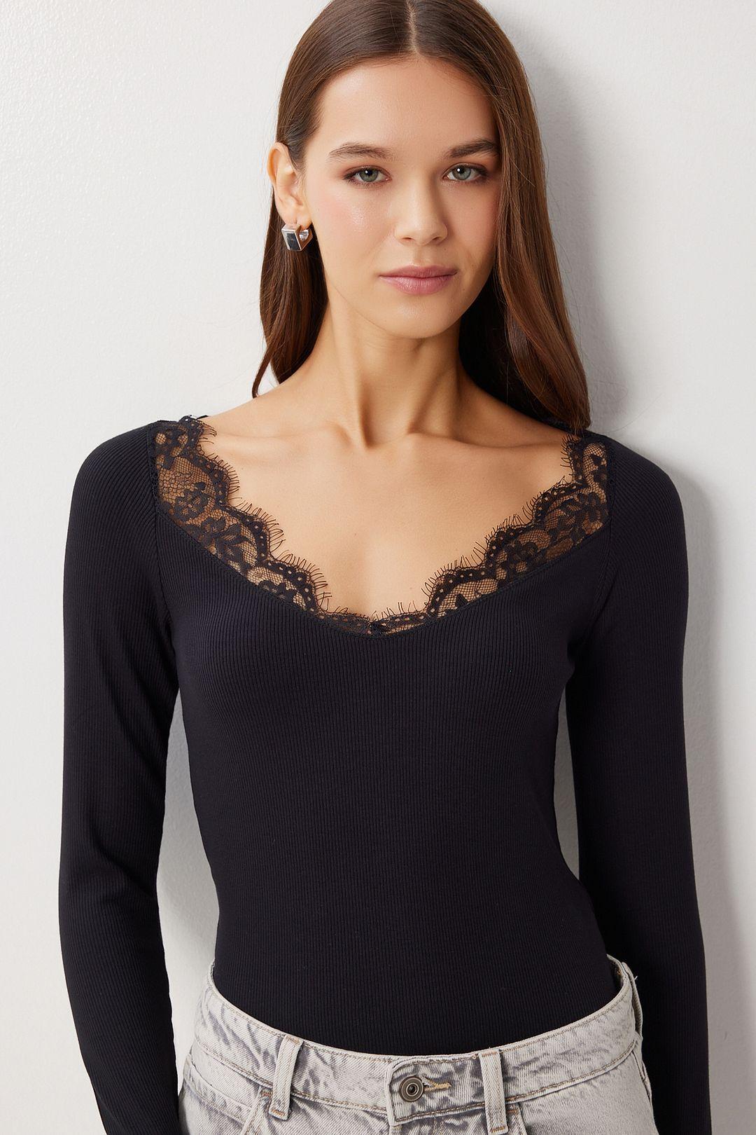 Kant U Kraag Lange Mouw Aansluitende Blouse