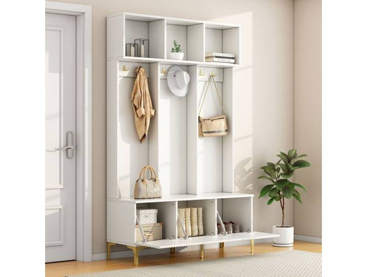 Vestiaire d'entrée 120x23 5x191 5 cm blanc et or porte-manteau range-chaussures avec banc