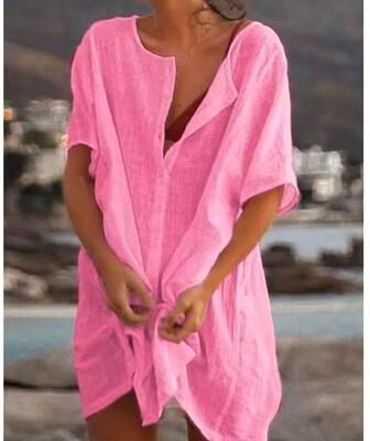 Uplift Essentials Cotton Linen Oversized Summer Blouse Vintage Short Sleeve Button Down Shirt For Women l pink