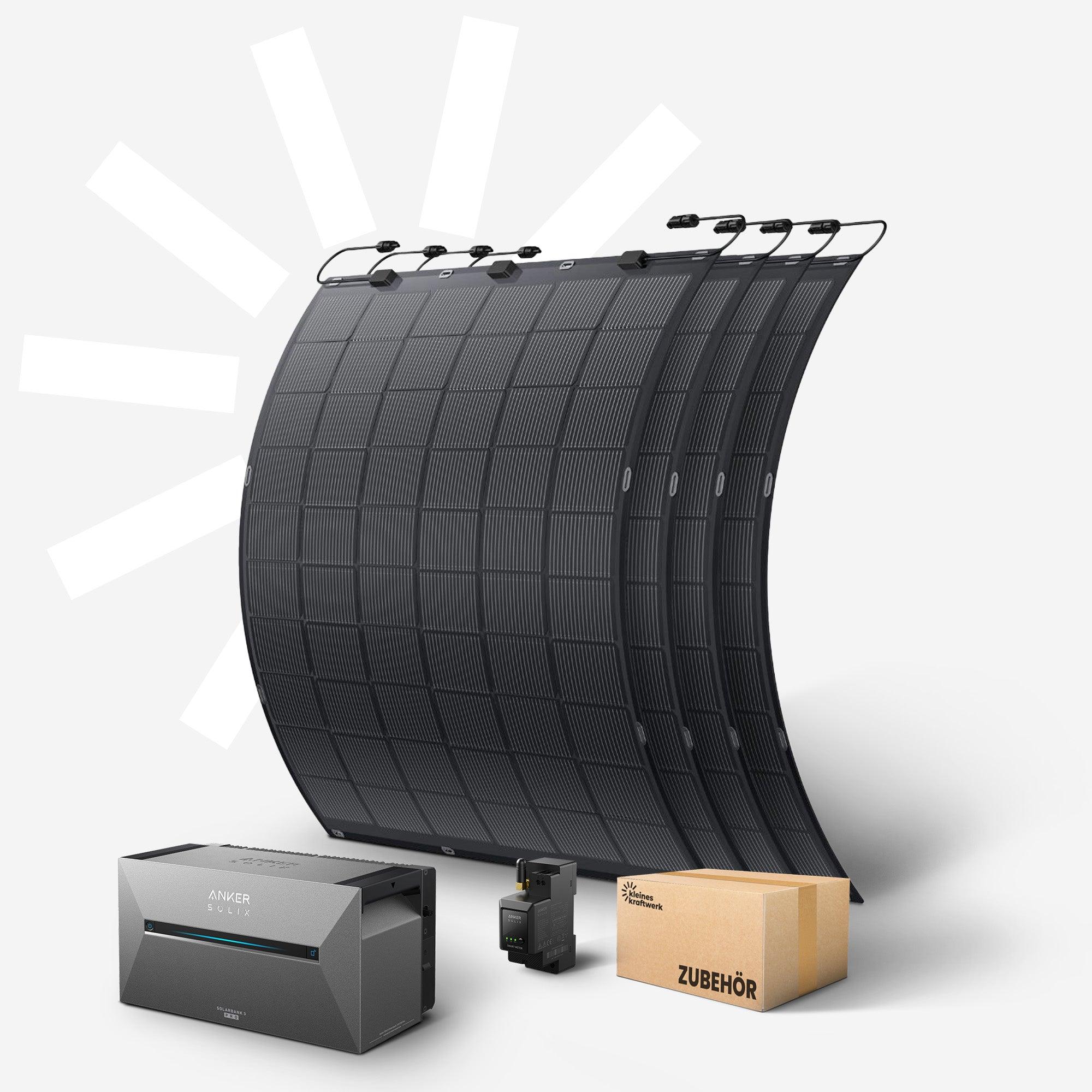 Kleines Kraftwerk Flexibles Balkonkraftwerk mit Speicher 900Wp - 0% MwSt - 4× Solarmodule inkl. Anker Solarbank 3 Pro - PV Anlage für Sonderflächen