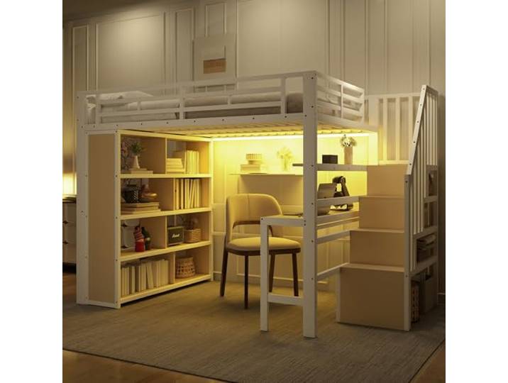 Merax Hochbett 140x200cm, Stabile Metallbett mit Treppe & Rausfallschutz, Multifunktionales Kinderhochbett mit Schreibtisch, LED, Ablagefach, Treppenkonstruktionen mit Stauraum, ohne Matratze, Weiß