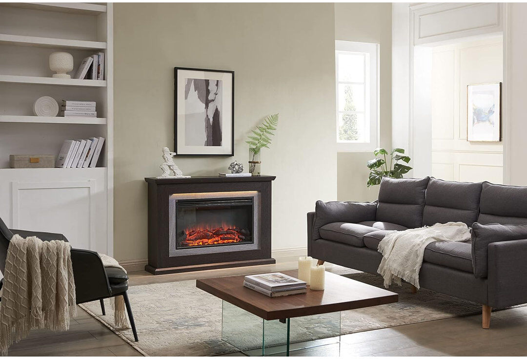 FLAMME Electric Fire and Surround, Freestanding Suite, Evora Espresso Oak 82cm H x 120cm W x 25cm D
