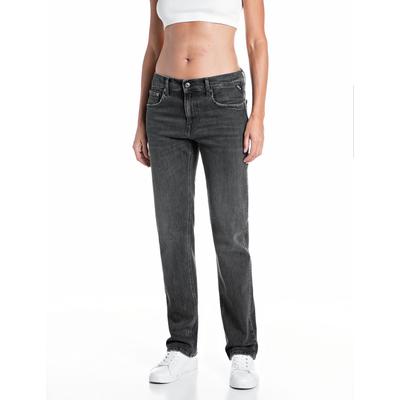 Straight-Jeans REPLAY "AKEME", Damen, Gr. 27, Länge 30, grau (dunkelgrau), Denim/Jeans, Obermaterial: 99% Baumwolle, 1% Elasthan, Destroyed-Effekte, straight fit lang, Jeans Straight-Jeans, mit niedriger Leibhöhe