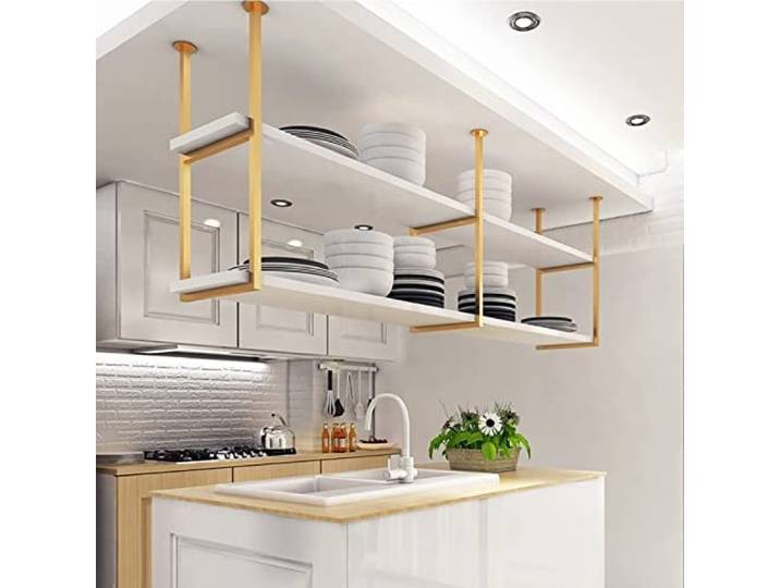 Deckenregal - 2-stöckiges Decke Hängende Weinregal, An Der Wand Befestigtes Massivholz-Küchenregal, Hängendes Metallregal, Für Küche/Bar/Deckenpflanzenregal(Gold,80*30*80cm(31*12*31 in))