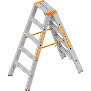 Layher Stehleiter Topic 1043, beidseitig begehbar, Schwerlastleiter aus Aluminium, bis 250kg, mit 2 x 5 Stufen