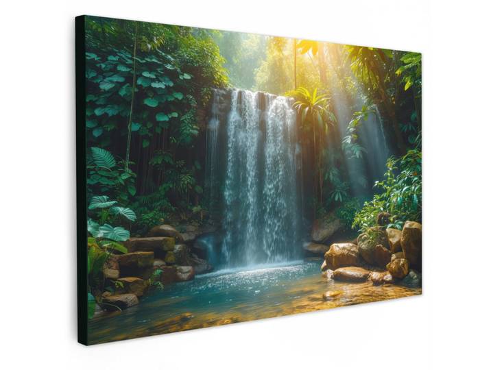 MuchoWow Leinwandbild - Wasserfall - Dschungel - Sonne - Grün - Natur - 90x60 - Deko Wohnzimmer, Textil, Kiefer, Abstrakt, Rechteckig, 90x60 cm, gerahmt, Bilder & Rahmen, Bilder, Wandbilder