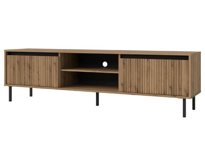 Beautysofa TV-Schrank OXFORD mit 2 Schubladen, 2 offenen Fächern (Modernes Design mit geriffelten Fronten, Elegante schwarze Akzente) geriffelten Fronten, Metallfüßen