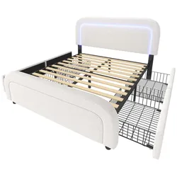 STILVORA Polsterbett Sherpa Weiß 160x200 cm, Gewerblich geeignet, USB-C, LED, 4 Schubladen