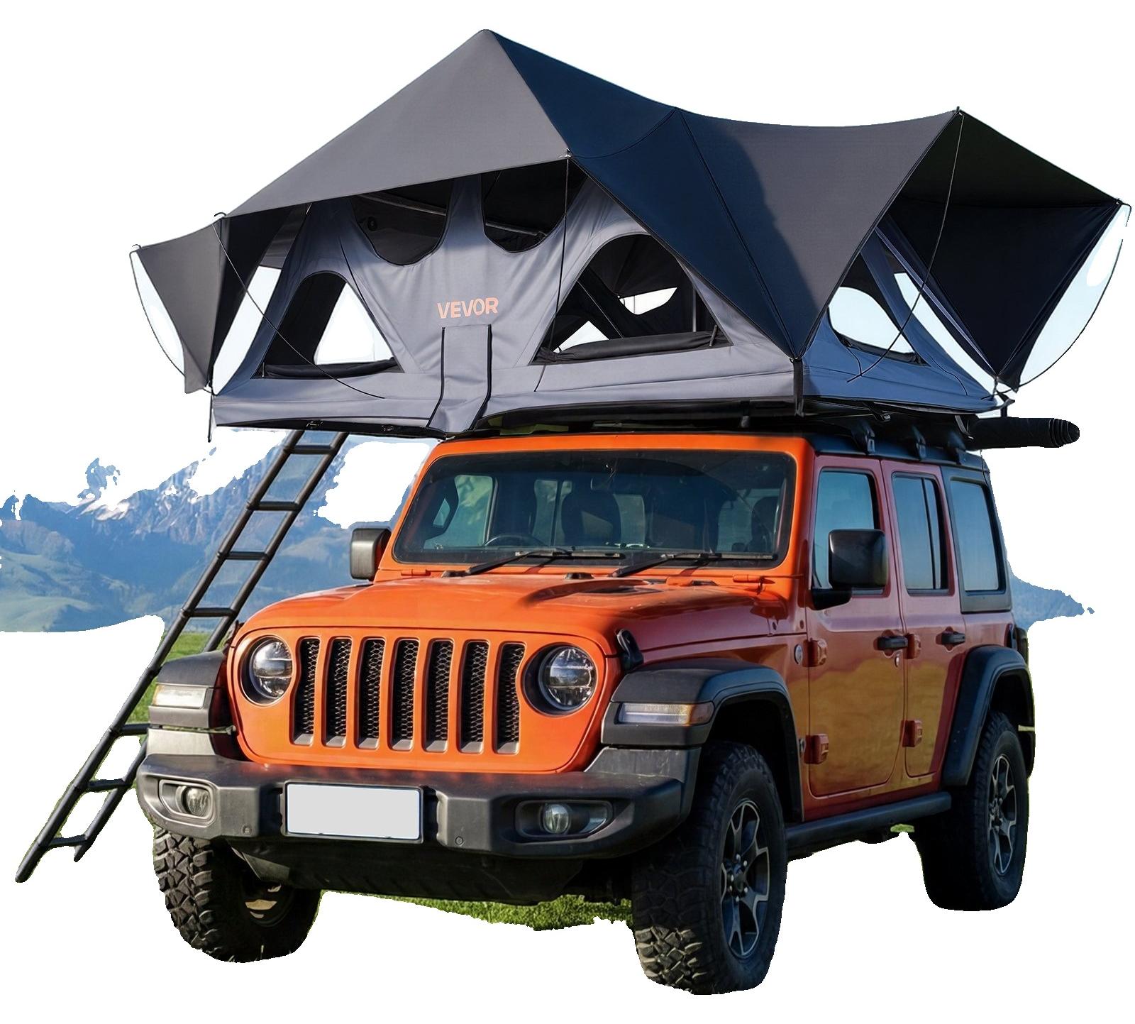 VEVOR Dachzelt, 2-3 Personen faltbares Aluminium-Dachzelt mit Tri-Color LED-Licht, dicke Matratze & 10 Fenstern, wasserdicht und winddicht, Überland-Camping-Dachträger geeignet für Jeep SUV Pickup