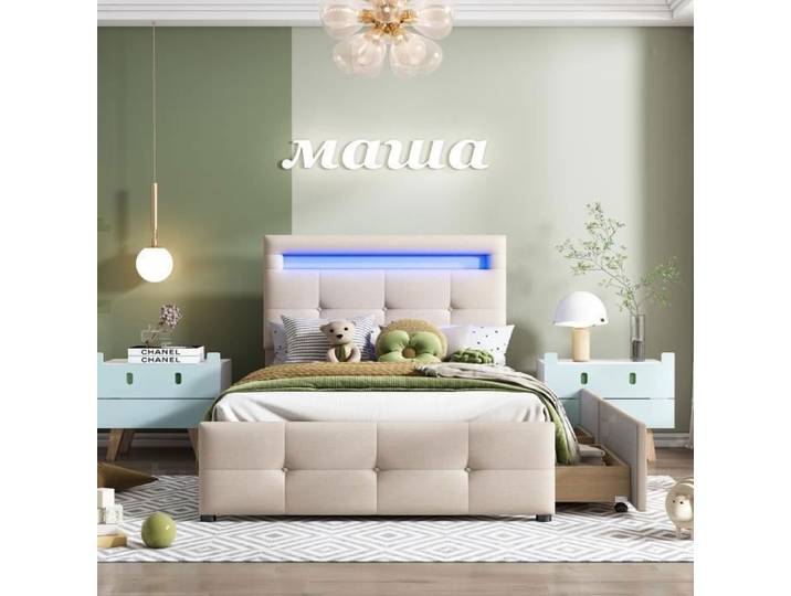 Lit simple 90x200cm - AUTREMENT - Beige - 2 Tiroirs - LumiRe LED - Enfant