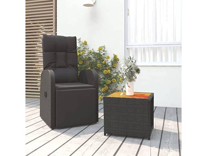 Rotin poly résistant aux intempéries chaise inclinable design contemporain Ensemble salon de jardin 2 pieces noir poly rotin acacia chaise longue inclinable table bois massif avec coussins