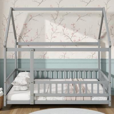 Fundinbaths Full Size House Floor Bed with Roof Frame and Guardrails, Solid Wood Montessori Bed for Kids with Fence Design