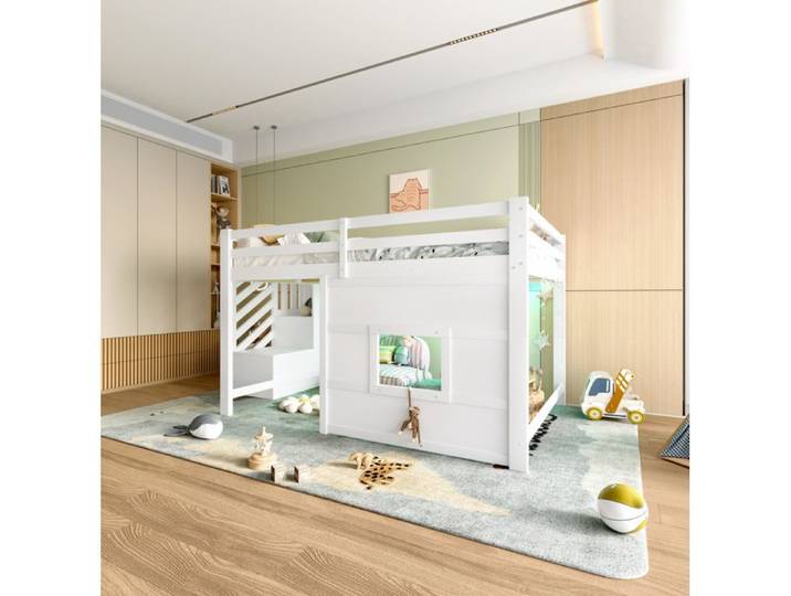 Lit mezzanine 140x200 AESVAR avec escalier de rangement fenêtre LED blanc
