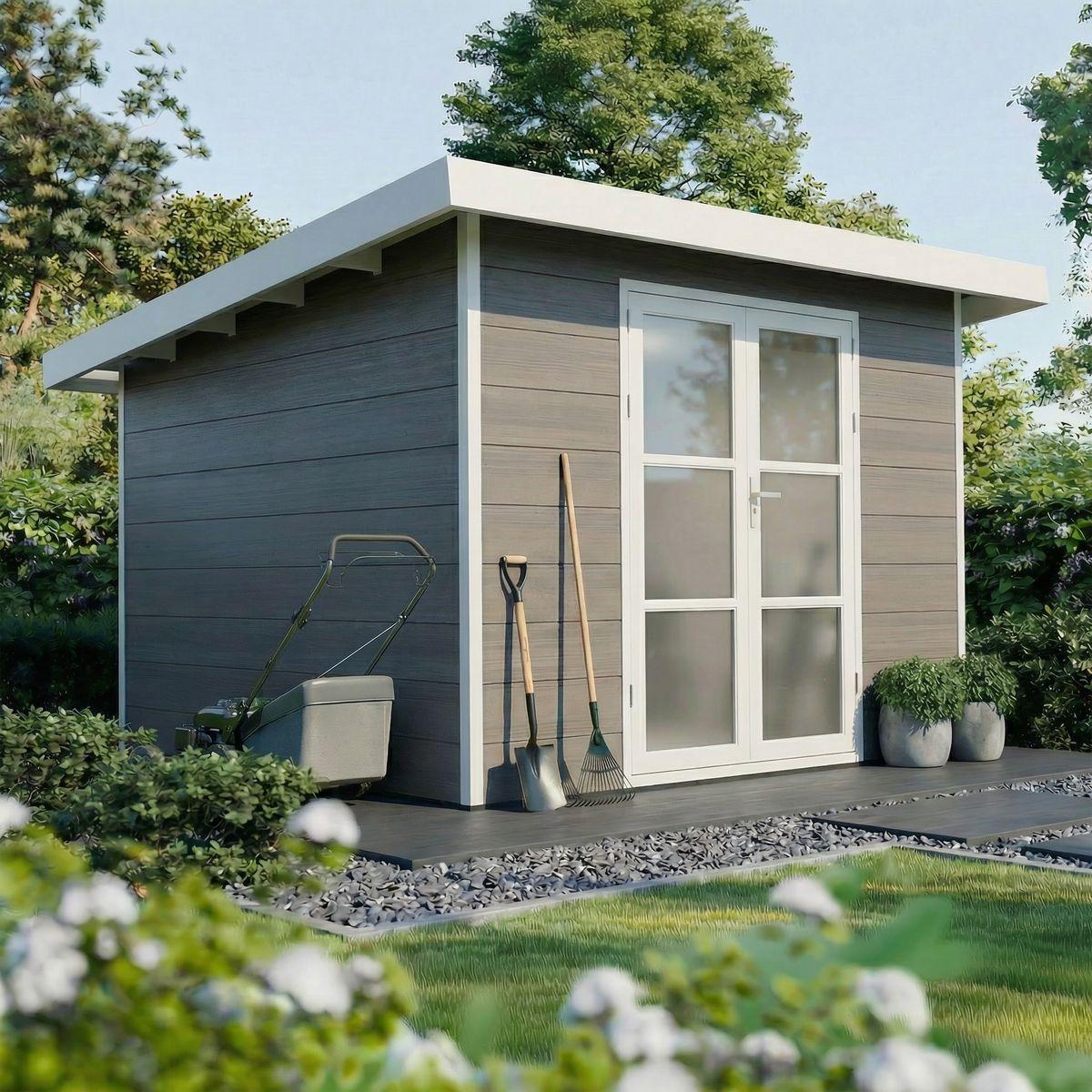WPC Gartenhaus ALMA - 9 m², Grau - Dielenstärke: 28 mm - Gartenhaus - Lüftungsgitter - Doppeltür - Dachrinne