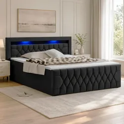 Juskys Boxspringbett Leona Samt 180x200 cm in Schwarz – mit LEDs, Topper & H4-Federkern-Matratzen